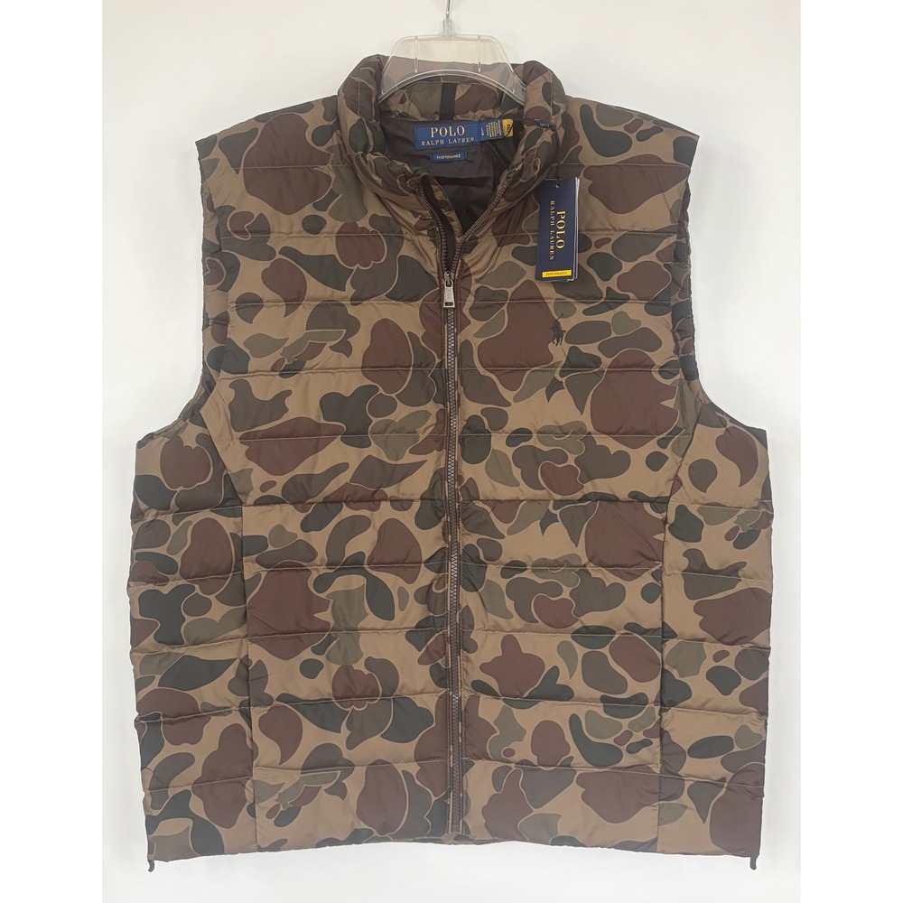 Polo Ralph Lauren Mens Performance Camo Puffer Vest Brown Duck Camouflage Large